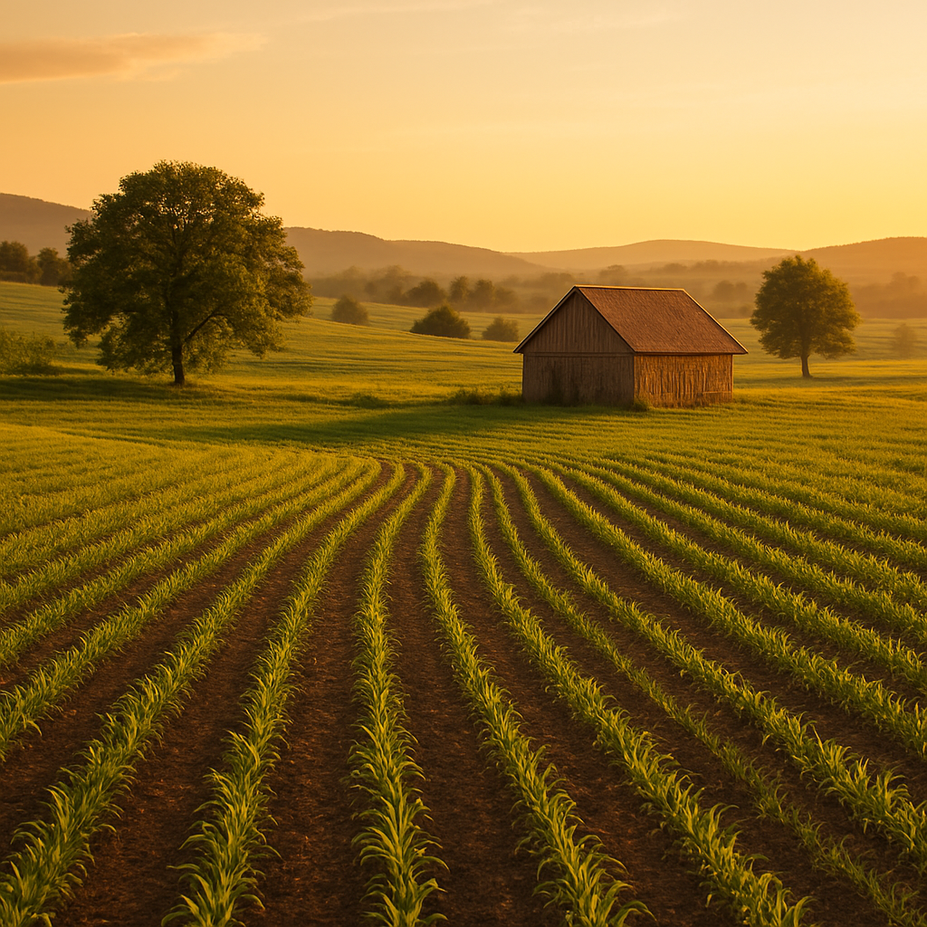 Sun-drenched farm fields at golden hour