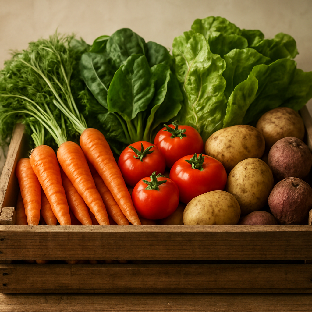 Fresh harvested organic vegetables in a wooden crate